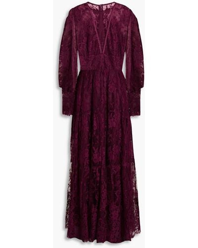 Costarellos Anastasia Point D'esprit-paneled Chantilly Lace Maxi Dress - Purple