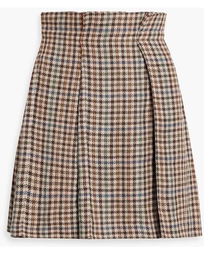 Brunello Cucinelli Pleated Houndstooth Linen And Silk-blend Tweed Mini Skirt - Brown