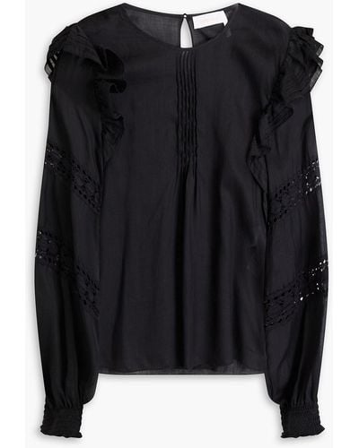 See By Chloé Pintucked Ruffled Ramie And Voile Blouse - Black