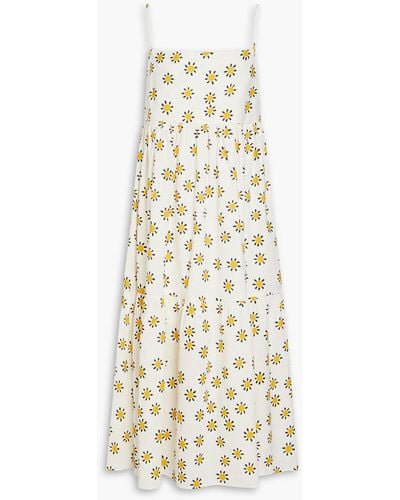 Chinti & Parker Gathered Floral-print Linen And Cotton-blend Midi Dress - White