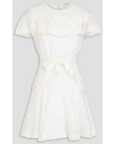 Sandro Ruffled Belted Linen-blend Gauze Mini Dress - White