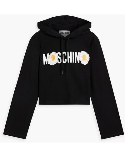Moschino Cropped Printed French Cotton-terry Hoodie - Black