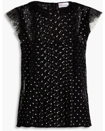 RED Valentino Ruffled Glittered Lace Top - Black