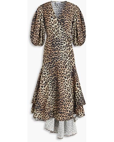 Ganni Layered Leopard-print Cotton-poplin Midi Wrap Dress - Multicolor