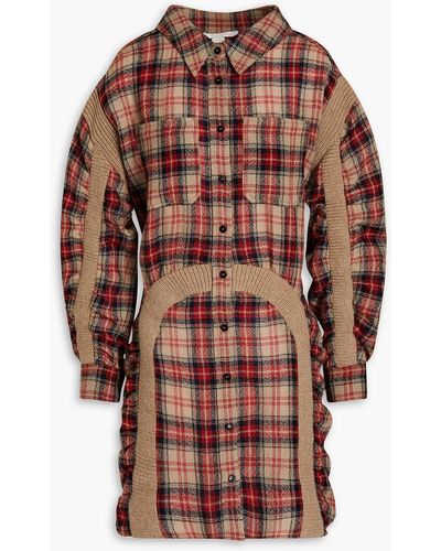 Stella McCartney Wren Ruched Checked Wool Mini Shirt Dress - Natural
