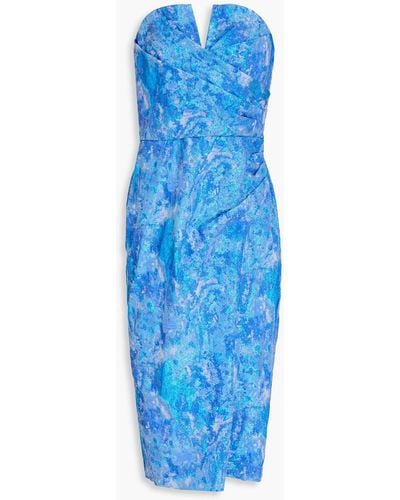 Aidan Mattox Strapless Pleated Metallic Jacquard Dress - Blue