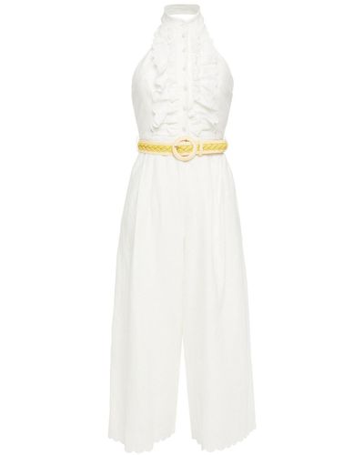 Zimmermann Amelie Frill Cropped Belted Ruffled Linen Jumpsuit - White