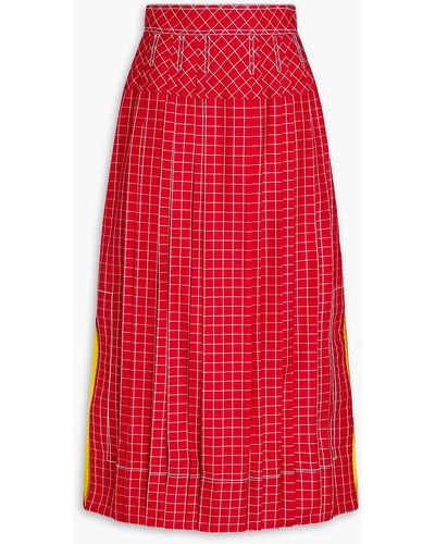 Tory Burch Pleated Checked Silk Midi Skirt - Red