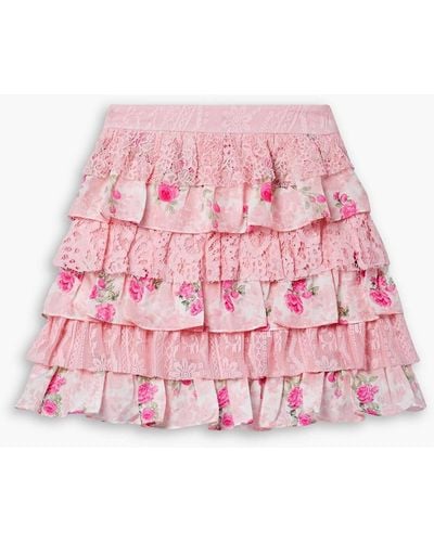 LoveShackFancy Merlita Ruffled Floral-print Lace And Silk-satin Mini Skirt - Pink