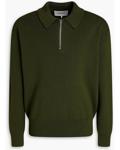 FRAME Pullover aus einer gerippten baumwoll-kaschmirmischung mit halblangem reißverschluss und polokragen - Grün