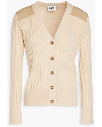 Claudie Pierlot Cotton-twill Panelled Ribbed-knit Cardigan - Natural