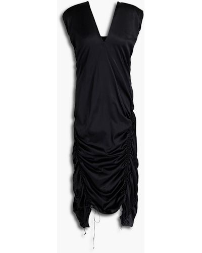 Helmut Lang Asymmetric Ruched Silk-blend Satin Midi Dress - Black