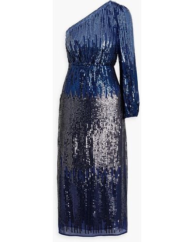 RIXO London One-sleeve Sequined Dégradé Chiffon Midi Dress - Blue
