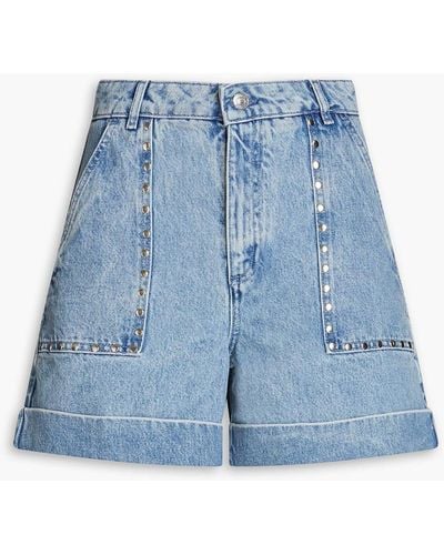 Maje Studded Faded Denim Shorts - Blue