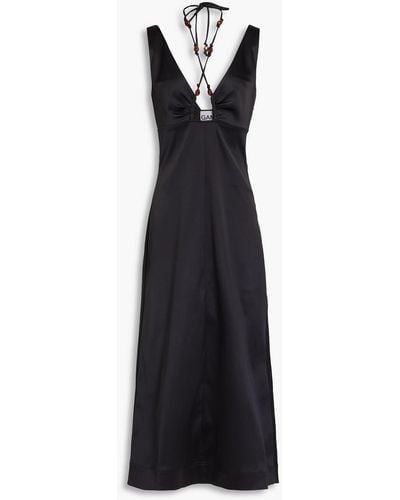 Ganni Bead-embellished Ruched Satin Halterneck Midi Dress - Black