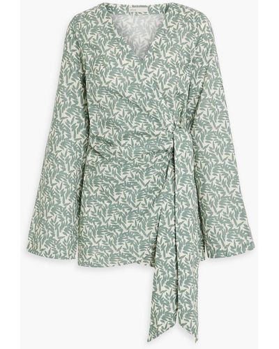 Onia Printed Linen And Cotton-blend Mini Wrap Dress - Green
