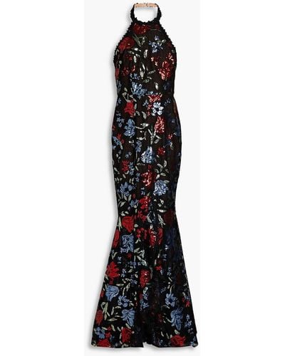 Marchesa Embellished Ruffled Tulle Halterneck Gown - Black