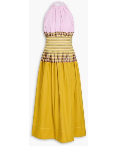 Tory Burch Color-block Checked Cotton-poplin Halterneck Midi Dress - Yellow