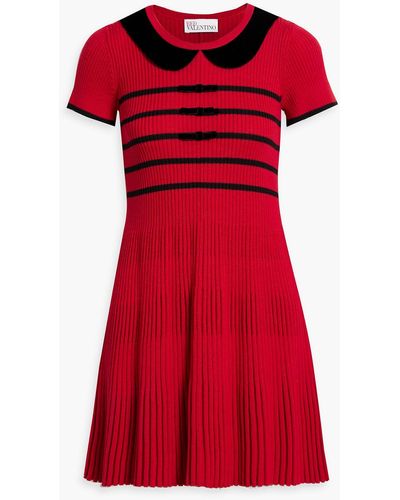 RED Valentino Bow-detailed Striped Ribbed Wool Mini Dress - Red