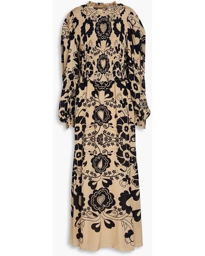 Sea Shirred Printed Silk-georgette Midi Dress - Natural