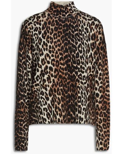Ganni Leopard-print Merino Wool-blend Turtleneck Sweater - Black