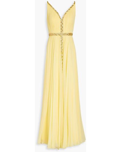 Jenny Packham Embellished Plissé-chiffon Gown - Yellow