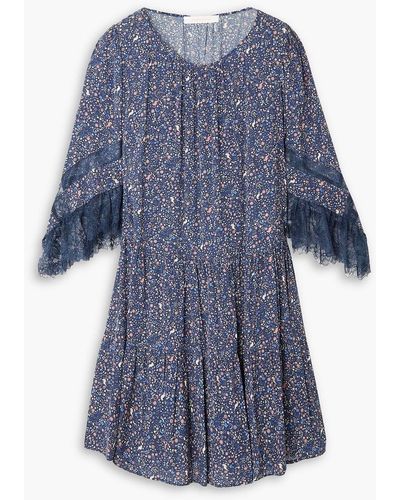 See By Chloé Lace-trimmed Printed Crepe De Chine Mini Dress - Blue