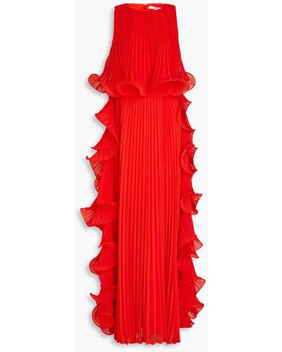 Badgley Mischka Ruffled Pleated Crepe Gown - Red