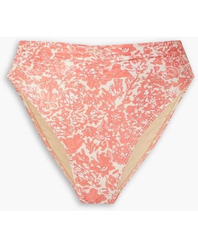 Peony Ruched Floral-print High-rise Bikini Briefs - Pink