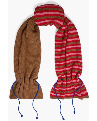 Victoria Beckham Ruched Striped Ribbed Wool Scarf - Red
