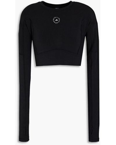 adidas By Stella McCartney Cropped Logo-print Modal-blend Stretch-jersey Top - Black