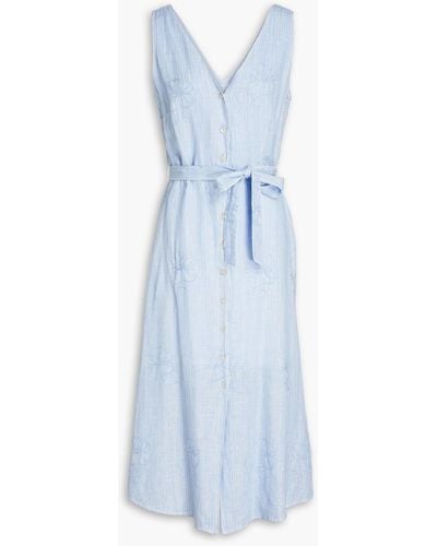 120% Lino Belted Embroidered Linen Midi Dress - Blue
