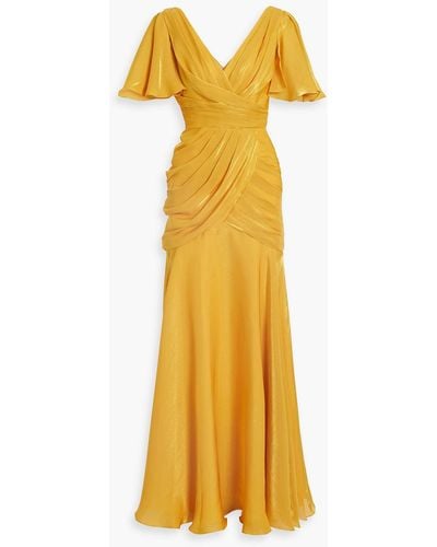THEIA Tamara Wrap-effect Metallic Georgette Gown - Yellow