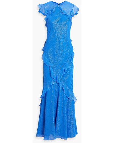 Saloni Tamara Ruffled Metallic Striped Silk-blend Chiffon Maxi Dress - Blue