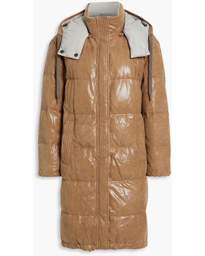 Brunello Cucinelli Quilted Brushed-leather Hooded Coat - Brown