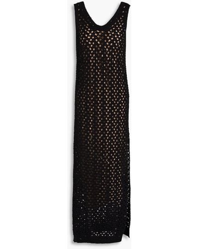 Brunello Cucinelli Sequin-embellished Open-knit Cotton, Linen And Silk-blend Midi Dress - Black