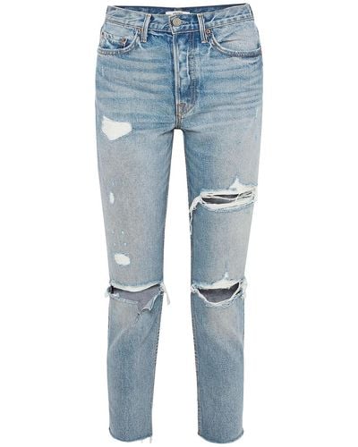GRLFRND Cropped Distressed High-rise Slim-leg Jeans - Blue