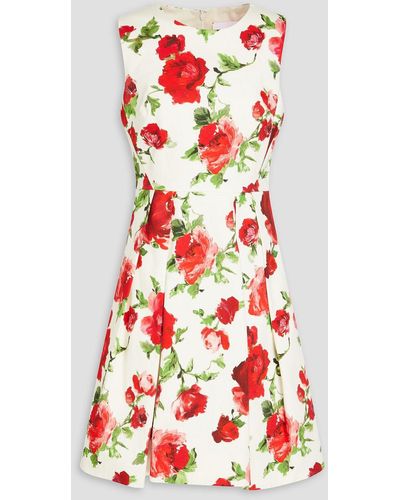 Carolina Herrera Pleated Floral-print Stretch-cotton Dress - Red