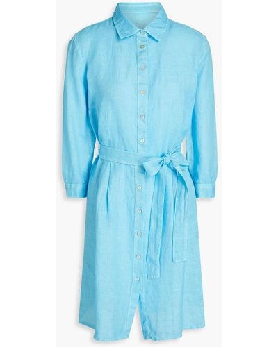 120% Lino Pleated Linen Mini Shirt Dress - Blue