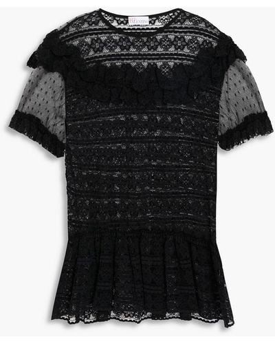 RED Valentino Ruffled Stretch-lace Cotton-blend Top - Black