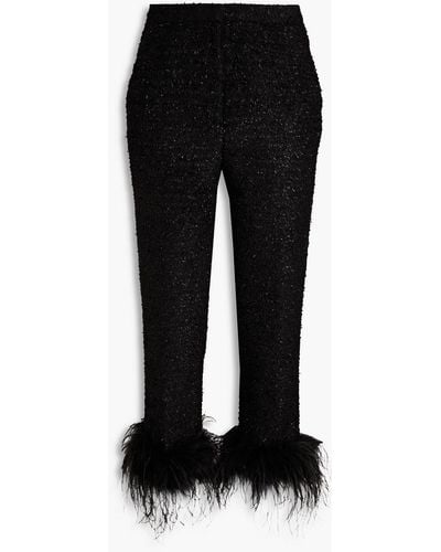 Rebecca Vallance Jourdan Cropped Feather-trimmed Metallic Tweed Tapered Trousers - Black