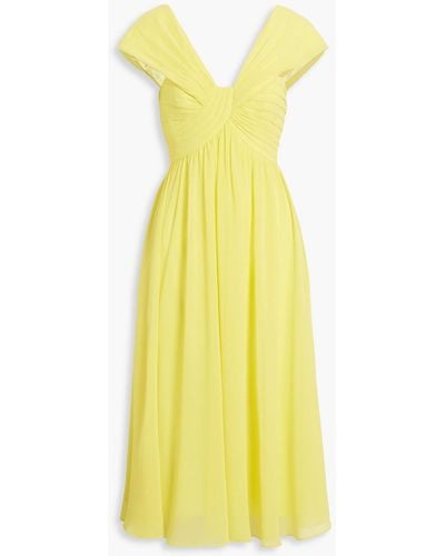 Badgley Mischka Pleated Chiffon Midi Dress - Yellow