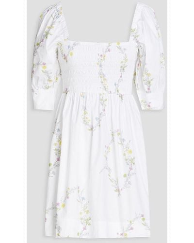 Ganni Shirred Floral-print Cotton-poplin Mini Dress - White