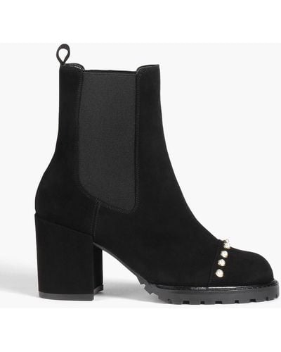 Stuart Weitzman All Pearls 80 Embellished Suede Chelsea Boots - Black