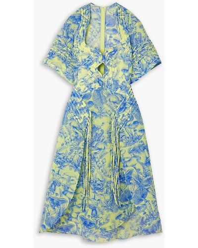 Stella McCartney Fringed Cutout Printed Silk And Cotton-blend Midi Dress - Blue