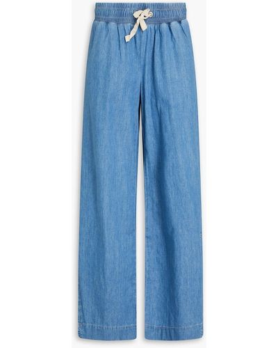 FRAME Cotton And Linen-blend Chambray Wide-leg Trousers - Blue