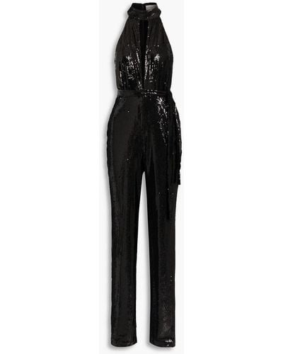 Halston Ash Belted Cutout Sequined Tulle Jumpsuit - Black