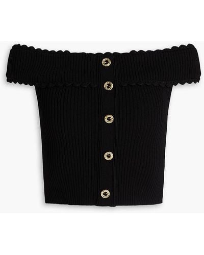 Sandro Off-the-shoulder Cropped Ribbed-knit Top - Black