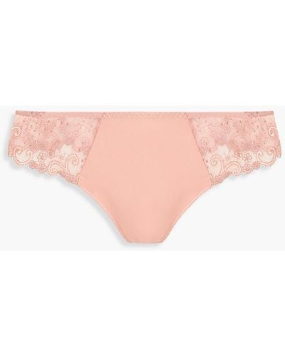Simone Perele Embroidered Tulle-paneled Stretch-jersey Low-rise Thong - Pink