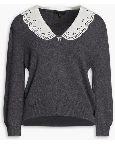 Maje Broderie Anglaise-trimmed Wool-blend Sweater - Black